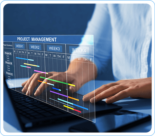 Person Using Laptop With Holographic Project Timeline Display For Efficient Schedule Management