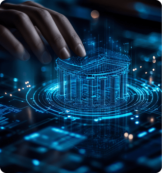 Digital Banking & Capital Market Solutions – A futuristic holographic bank icon representing secure and innovative financial technology solutions.