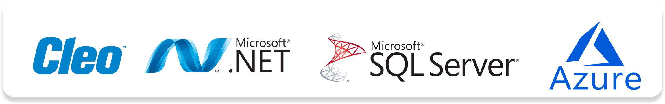 Logos of Cleo, Microsoft .NET, Microsoft SQL Server, and Azure, representing technology and cloud solutions.