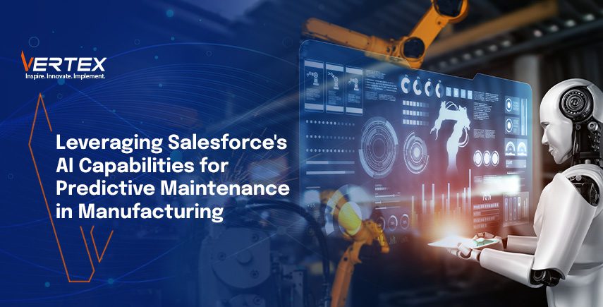 Robot using tablet with holographic data in factory, showing Salesforce AI for predictive maintenance in manufacturing.