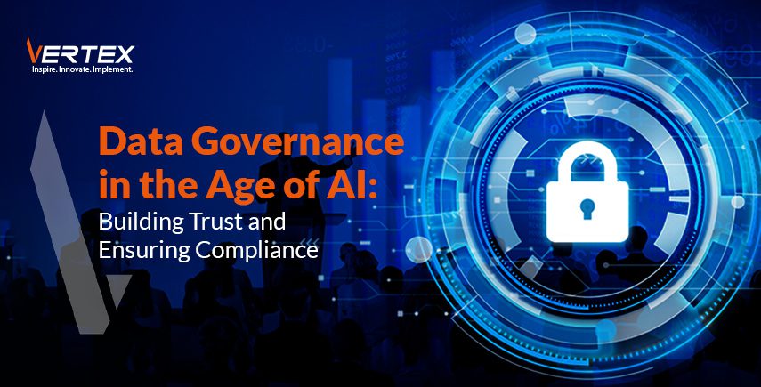 Graphic on data governance in AI age, featuring lock icon and crowd, emphasizing trust and compliance.